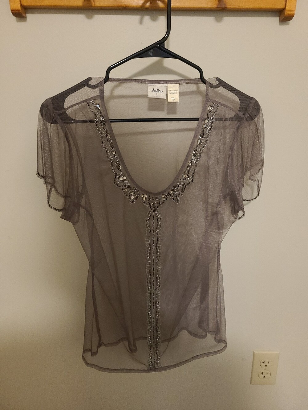 Daytrip Sheer Beaded Scoop-Neck Top in Gray